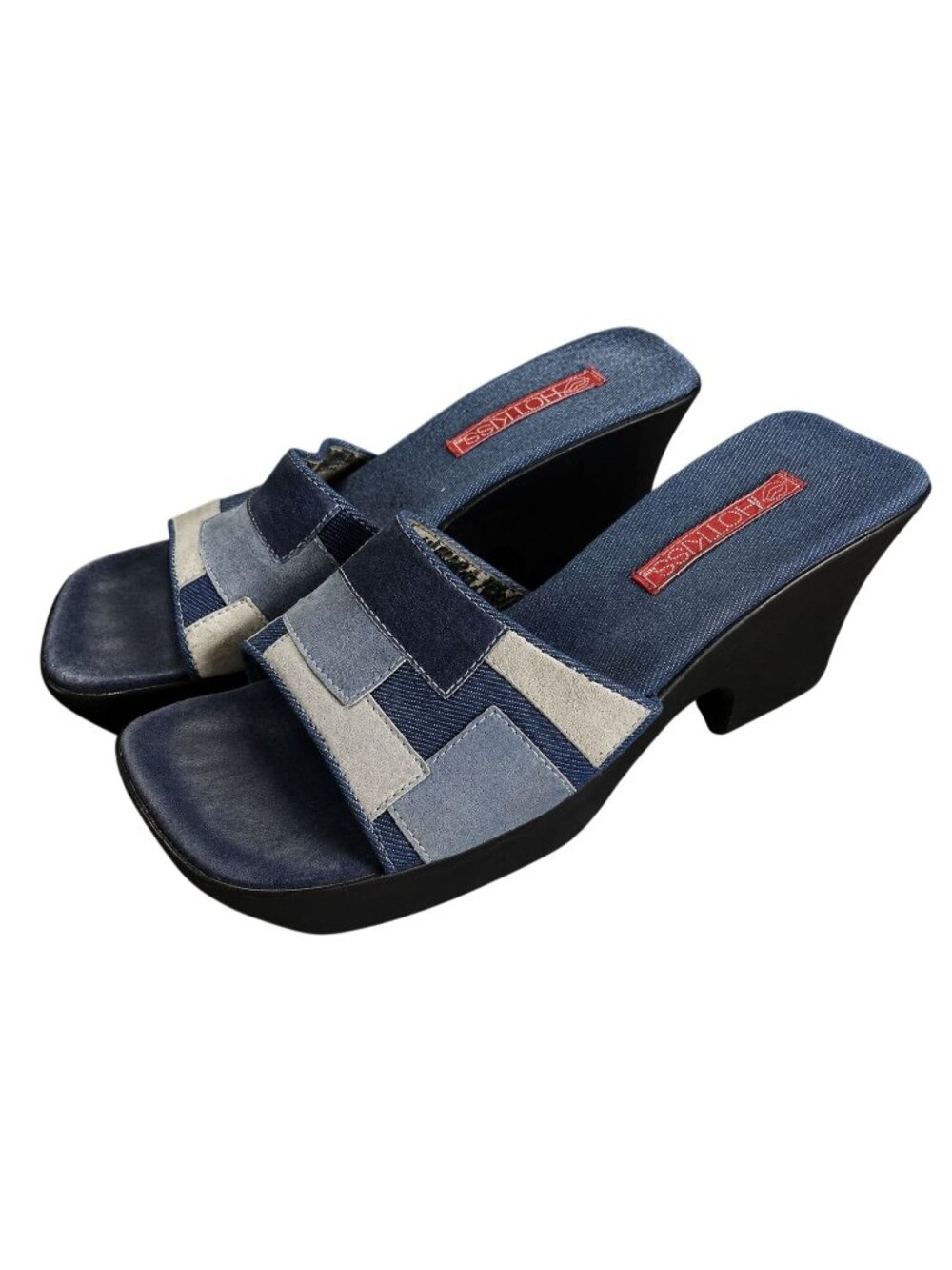 VTG 90s Patchwork Blue Suede Denim Chunky Wedge Mules Sandals Womens SZ 10 Y2K